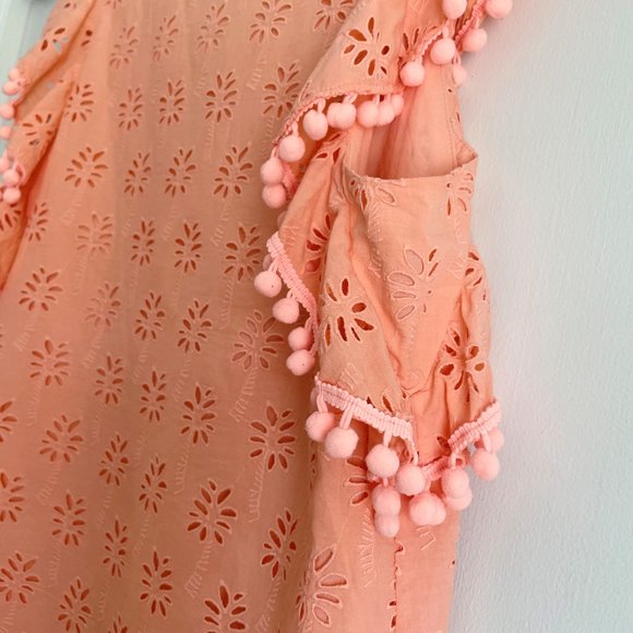 Lilly Pulitzer Astara Top Peach Palm Tree Eyelet Pom Pom Sleeve V Neck Blouse S - Picture 8 of 12